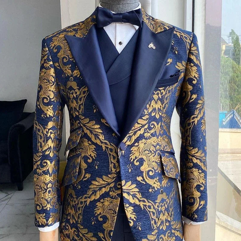 Jacquard Floral Tuxedo Suits for Men Wedding Slim Fit Navy Blue and Gold Gentleman Male Costume Suit Set | Kimlud Luxury Rug