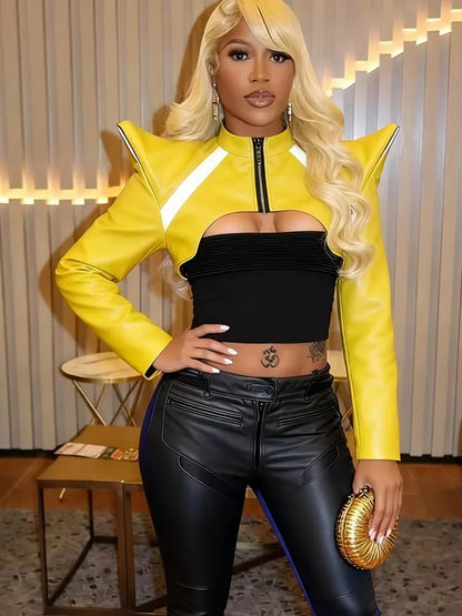 Weird Puss Horn Women Short Jacket Leather Full Sleeve Zipper Hipster Street Y2K Festival Wild Autumn Fashion Super Mini Coat