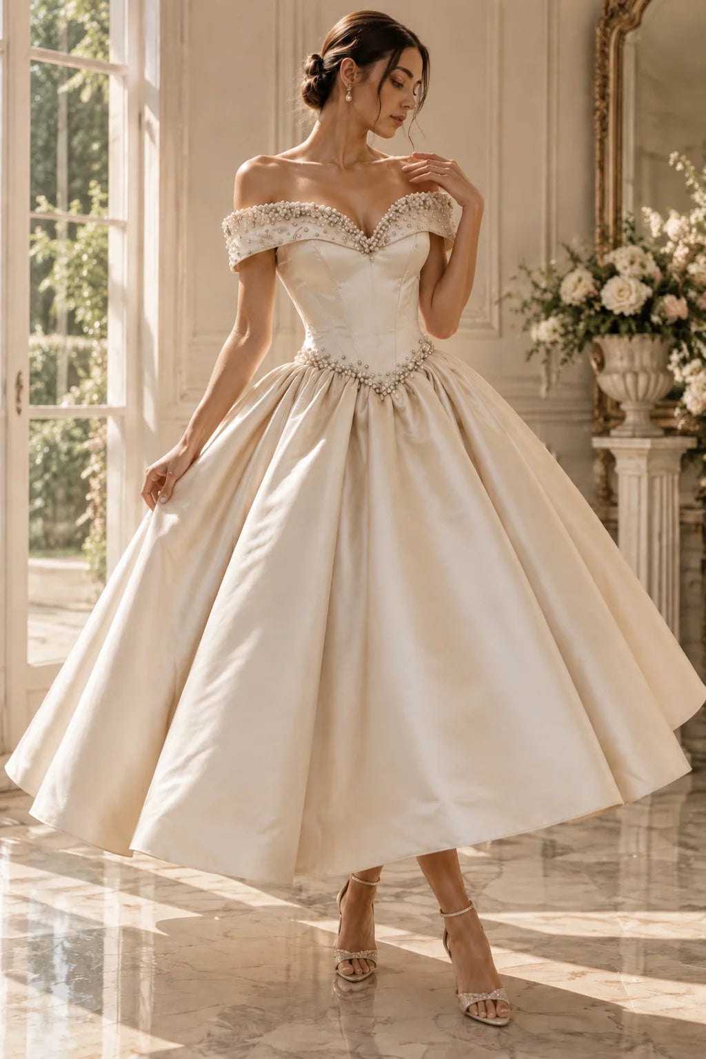 Wedding Dresses Women Luxury Pearl Beaded Off Shoulder Satin A Line Bridal Gown Princess Long Formal Dress Bride...