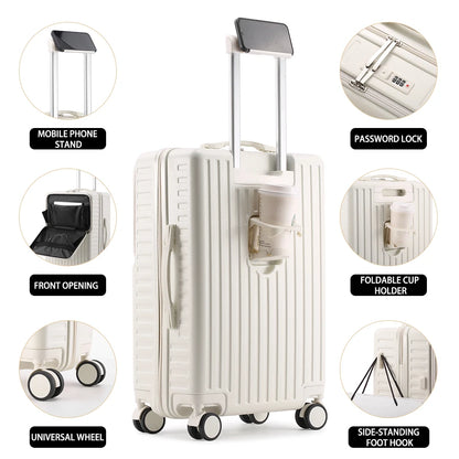 Independent Front Open Luggage Multi-functional Suitcase ABS+PC Cup Holder And Hidden Phone Stand Smooth Universal Wheel 20" 24"