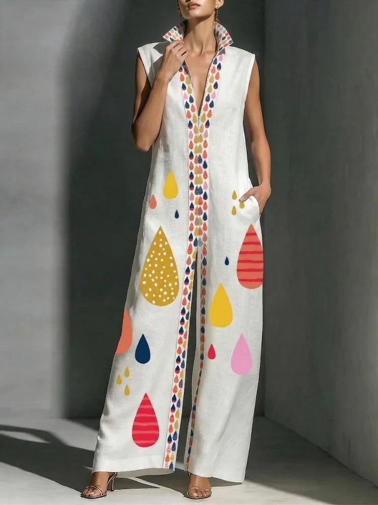 UOOZEE 2026 New Women Summer Bohemian Colorful Printed Zipper Wide Leg Jumpsuits Sleeveless Loose Casual Vacation Lapel...