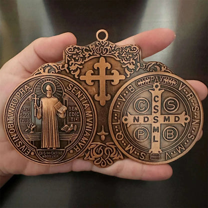 EXTRA LARGE 5.7X4 INCH ST BENEDICT CROSS MEDAL VINTAGE BRASS TONE FINISH FOR WALL OR DESK DISPLAY/MEDALLA DE SAN BENITO