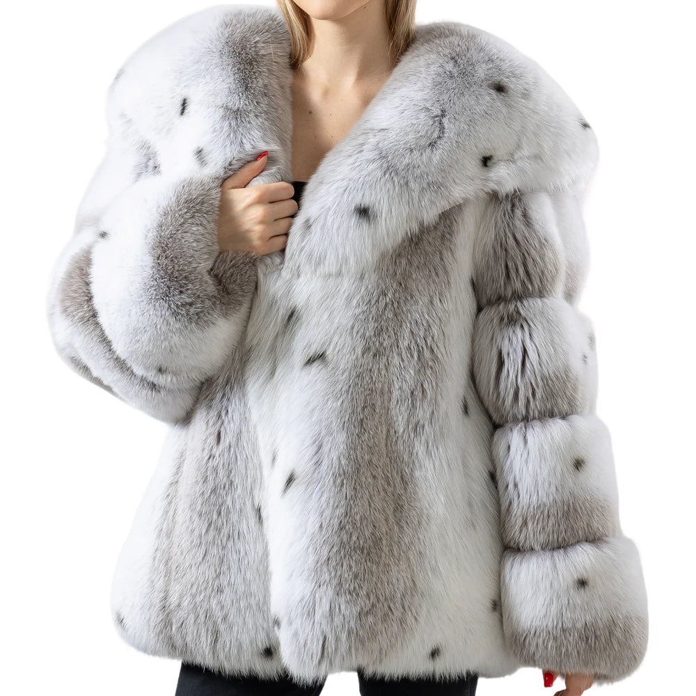 Sweet real fox fur coat with big turn down collar lynx color overcoat thick warm soft jacket length 64 cm 250461
