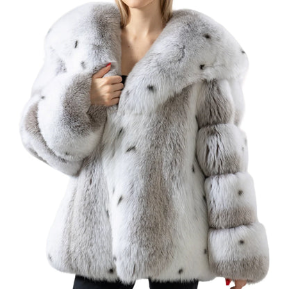 Sweet real fox fur coat with big turn down collar lynx color overcoat thick warm soft jacket length 64 cm 250461