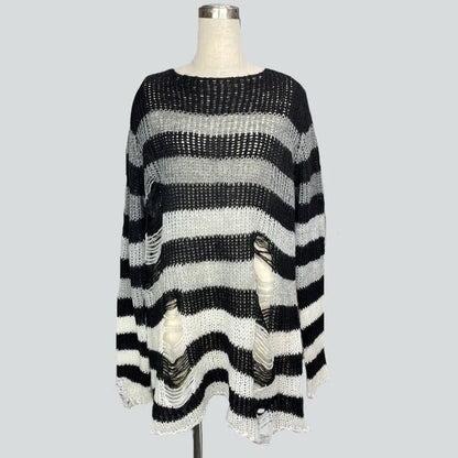 Fashion O-neck Long-sleeved Sweater For Women Autumn High Street Ripped Rainbow Gradient Stripes Mid-length Loose Sweater Female - Kimlud