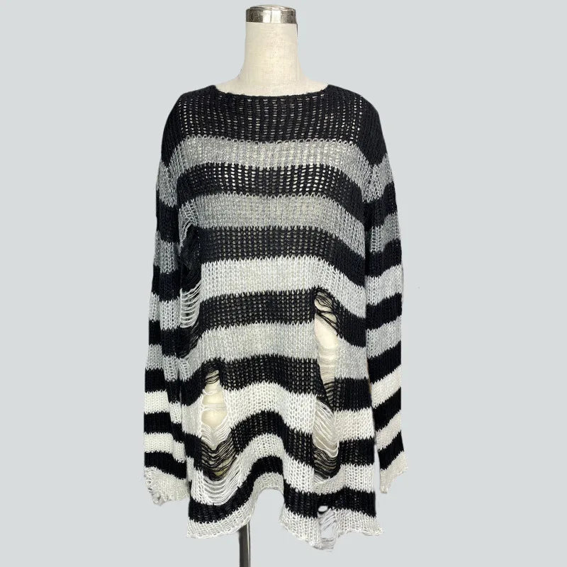 Fashion O-neck Long-sleeved Sweater For Women Autumn High Street Ripped Rainbow Gradient Stripes Mid-length Loose Sweater Female - Kimlud