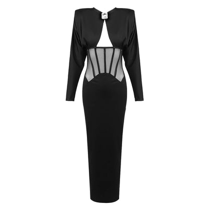 VC Elegant Black Diamond Maxi Evening Dress with Mesh Corset Waist and Jewel Detail – Long Sleeve Formal Evening Gown