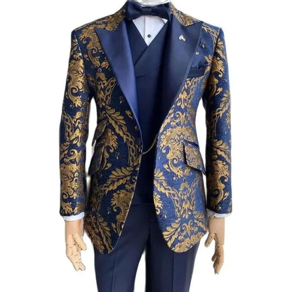 Jacquard Floral Tuxedo Suits for Men Wedding Slim Fit Navy Blue and Gold Gentleman Male Costume Suit Set | Kimlud Luxury Rug