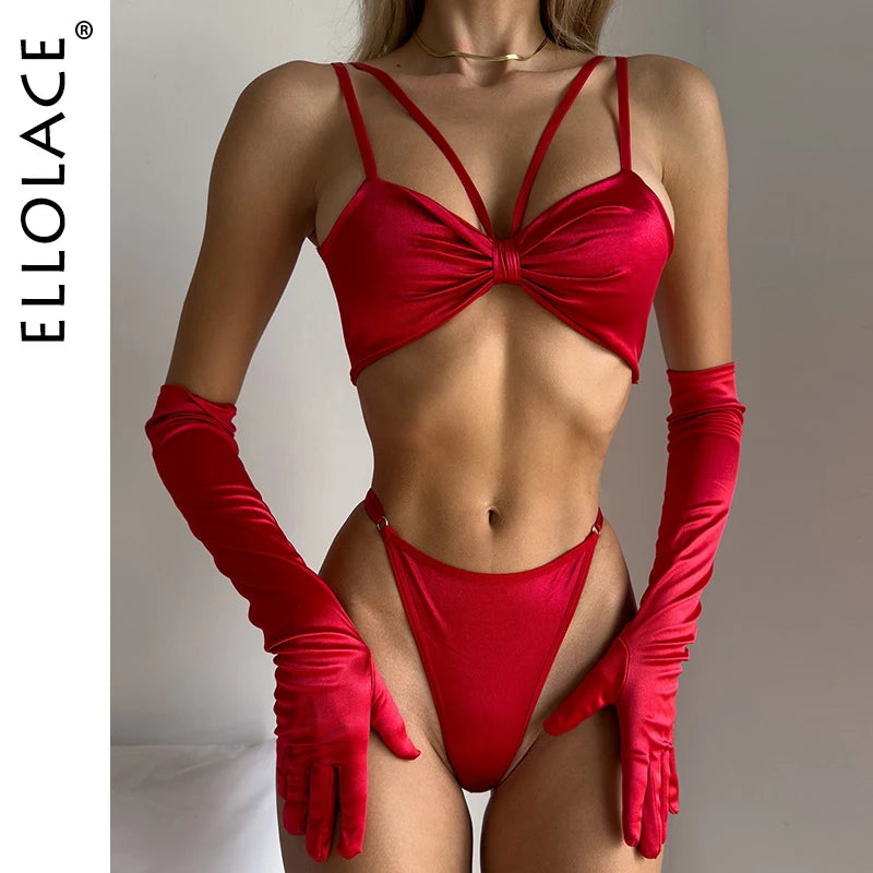 Ellolace Christmas Lingeries Sexy Hot Elegant Satin Bra Thong 2PC with Gloves Romantic Wedding Intimate Lingerie For Ladies