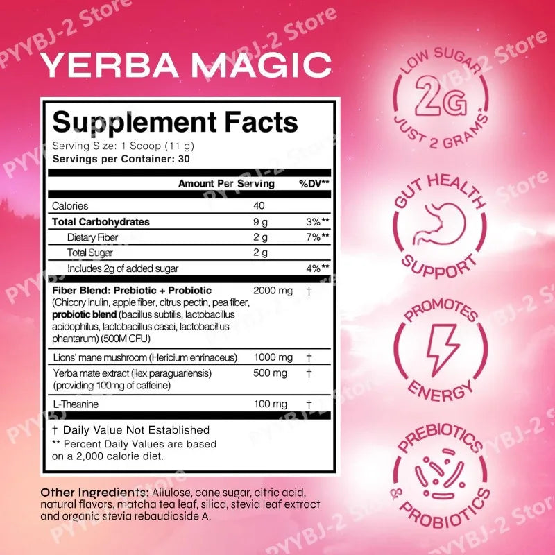 Strawberry Matcha Instant Powder Drink with Yerba Mate & Probiotic Fiber Support Clean Energy Mental Clarity Health Supplement