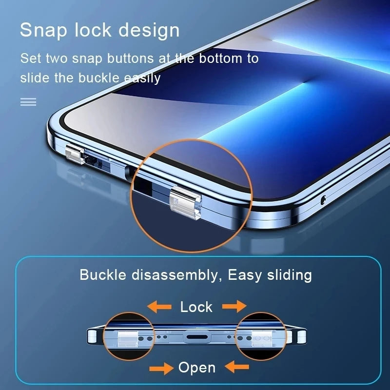 360 Full Protection Metal Magnetic Double Sided Glass Snap Lock Case For iPhone 17 16 15 14 12 13 Pro Max Lens...
