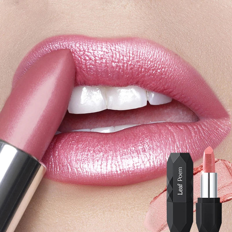 Nude Pink Pearlescent Glitter Matte Lipstick Metallic Waterproof Long Lasting Rose Pink Shimmer Diamond Lipstick Makeup Cosmetic - Kimlud
