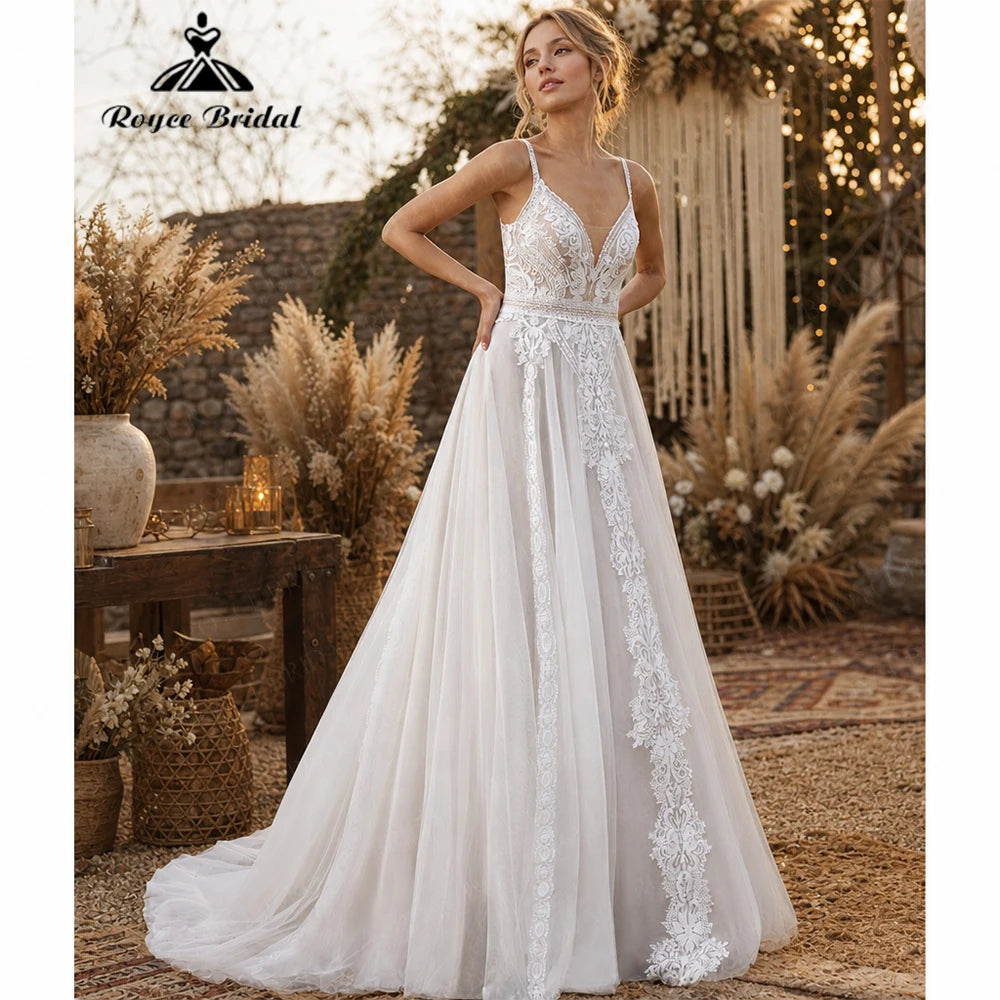 RoyceBridal A Line Wedding Dress V Neck Lace Applique Low Back Tulle Sweep Train Bridal Gown Vestido De Novia Customized - Kimlud