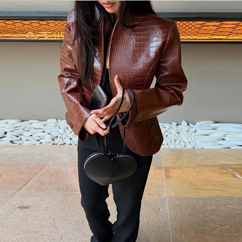 Street Print Pu Leather Women Jacket Fashion Long Sleeve O-neck Single Breasted Female Outwear 2026 Autumn Lady...