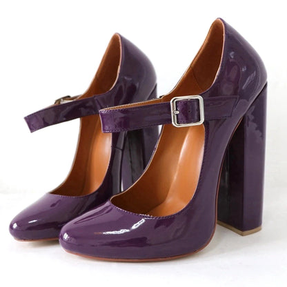 Elegant Women Black Patent Mary Jane High Heel Pumps Buckle Strap Round Toe Block Heel  Party & Office Work Dress Shoes