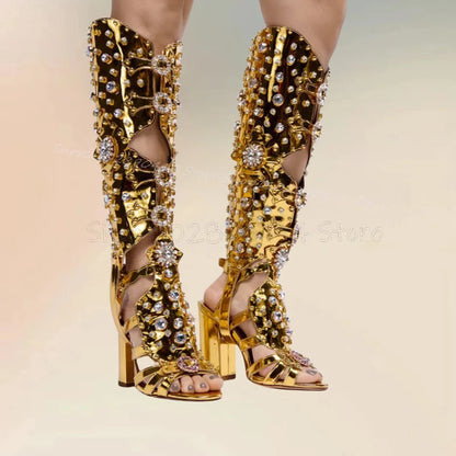 Crystal Flower Decor Gold Hollow Design Sandals Boots Knee High Women Shoes Chunky High Heels Fashion 2024 Zapatos Para Mujere