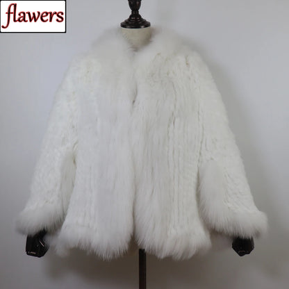 Hot Women Knitted 100% Real Rabbit Fur Shawl Winter Warm Genuine Rabbit Fur Pashmina Coat With Fox Fur Collar For Female...