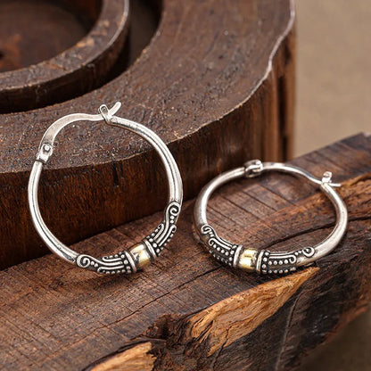 925 Sterling Silver Punk Vintage Two Tone Hoop Earrings for Women Bohemia Style Female Circle Earrings Flower Jewelry