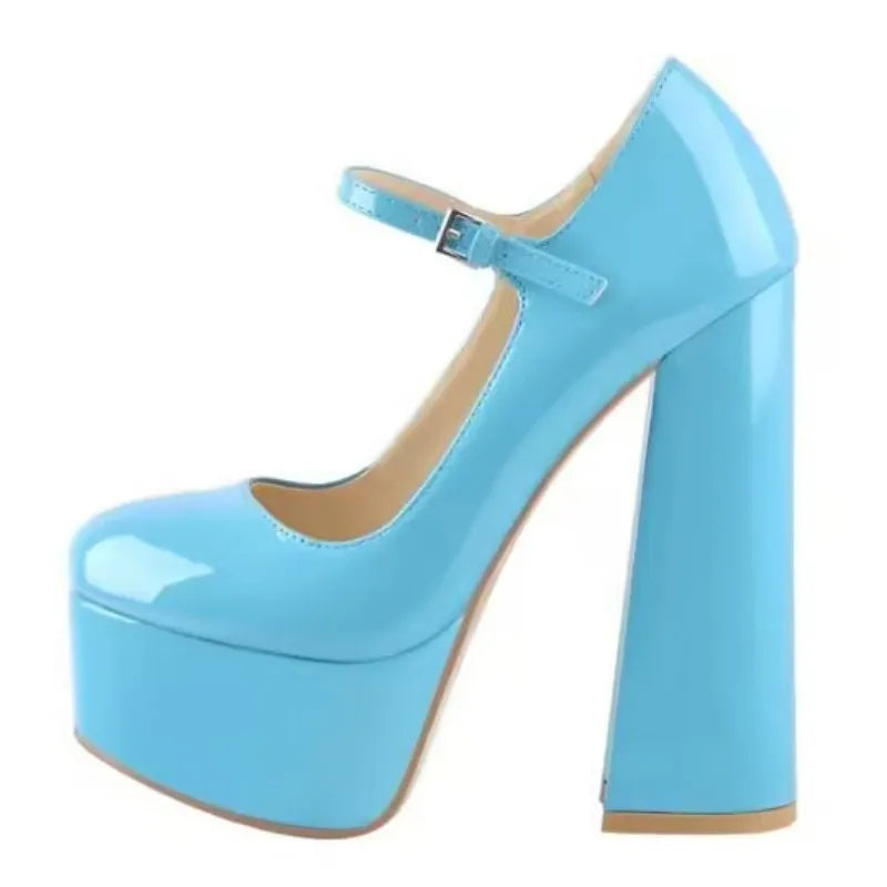 DIZHJUANG Sexy women's high heels. Black patent leather round toe shoes. About 15cm heel height. Coarse heeled Mary Jane...