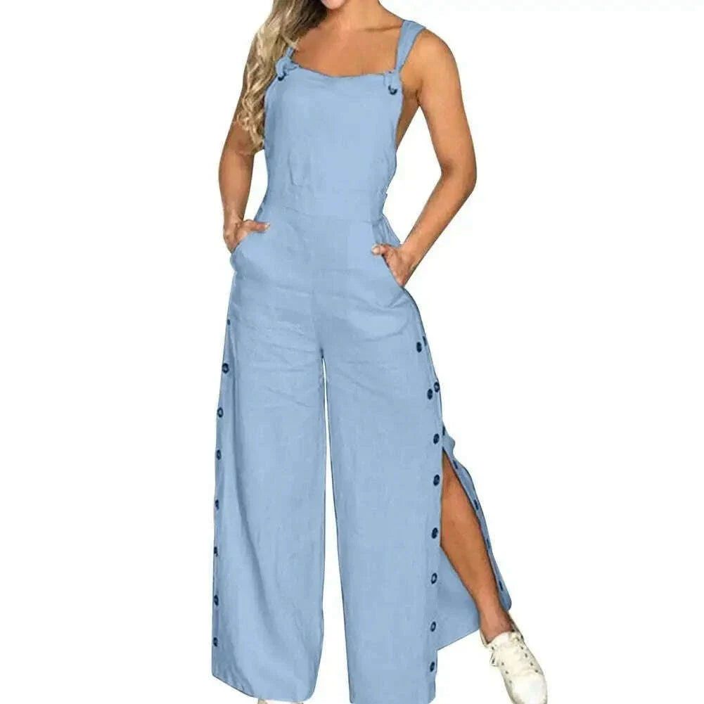 Women's Sleeveless Wide Leg Jumpsuit with Side Pockets And Button Closure Solid Color Loose Straight-Leg Romper for Women