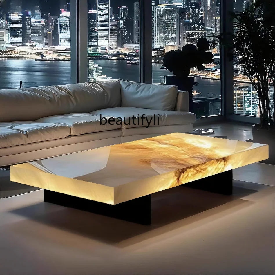 High-end light luxury square jade coffee table living room modern design large flat luxury stone coffee table - Kimlud