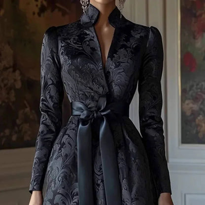 Retro Floral Print Satin Lace-up Bow Long Dress Spring V Neck High Waist Elegant Party Dress Fall Long Sleeve Woman Maxi Dresses