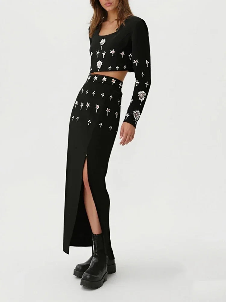Elegant Two Piece Set Sexy Long Sleeves Diamonds Top + Long Split Bodycon Skirt Bandage Suits Runway Evening Party Dress Sets - Kimlud