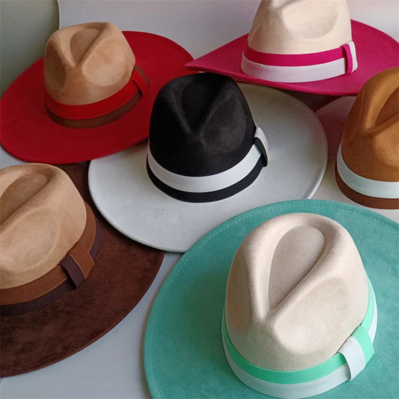 Colorblock Ribbon Colorful Suede Hat Autumn and Winter Women's Felt Hat Wide Brim Hat British Style Retro Men's Gorras Hombre - Kimlud