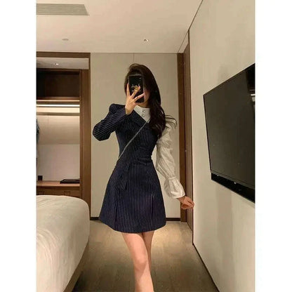 Hikigawa Chic Fashion Women Elegant Patchwork Striped Dresses Office Lady Early Autumn Vintage All Match MIni Vestidos Mujer