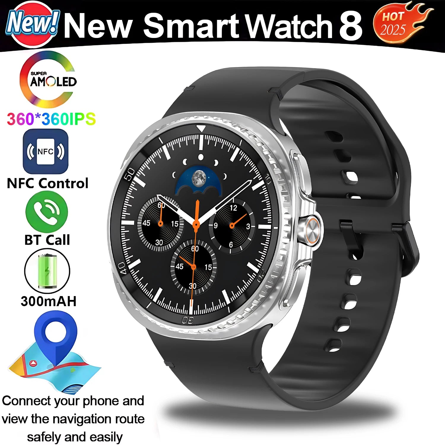 New Smart Watch 8 classic Rotating Dial AMOLED HD Screen Men's GPS NFC Sport modes Fitness Heart Rate Bluetooth Call Smart Watch