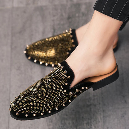New Gold Hip-hop Rock Punk Rivet Rhinestones Shoes For Men Half Slippers Summer Fashion Casual Mules Moccasins Loafers - Kimlud
