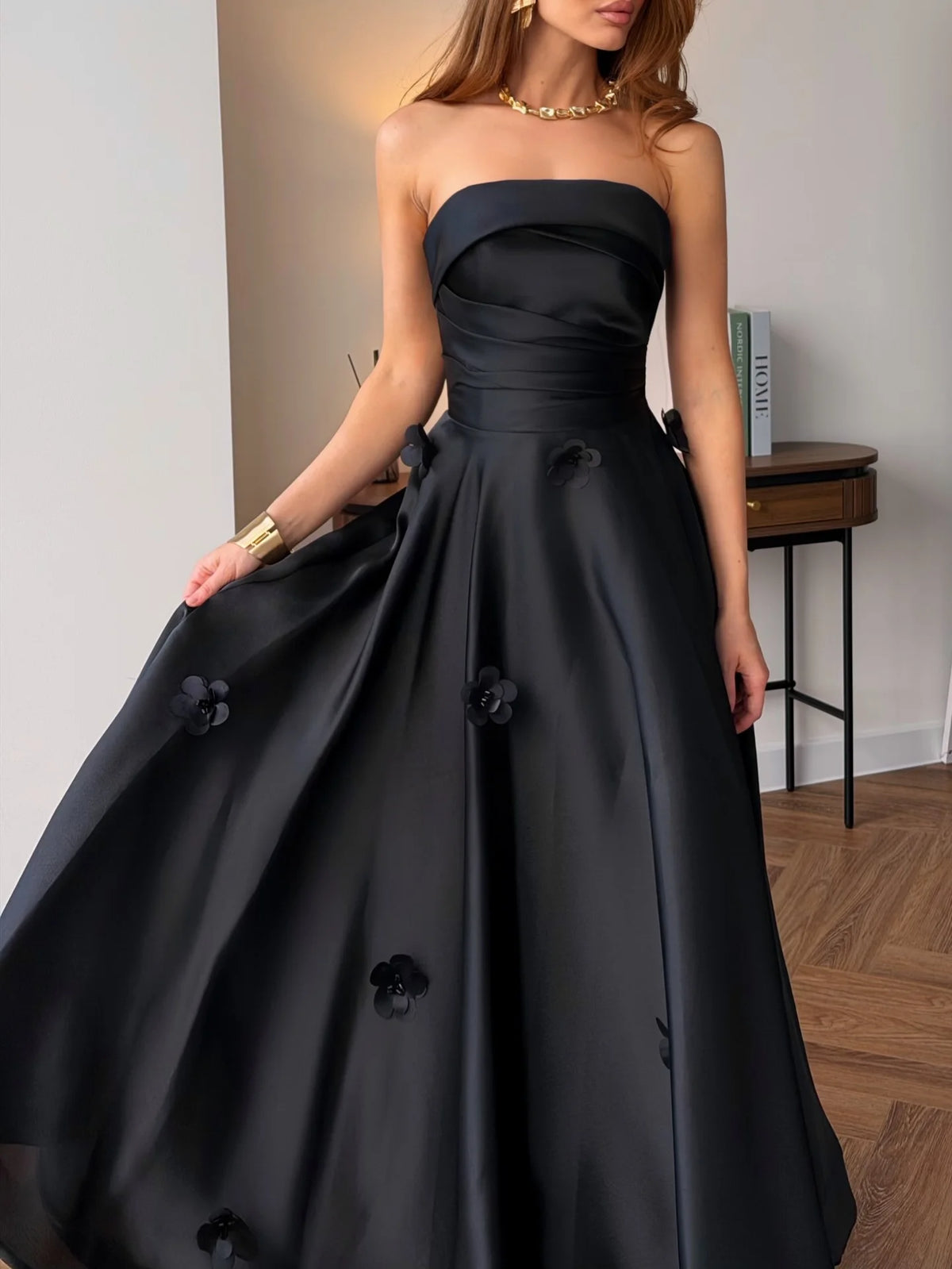 Ofherown 2026 Strapless Satin Evening Dress Prom Gown A Line Formal Party Dress With 3D Flower Appliques