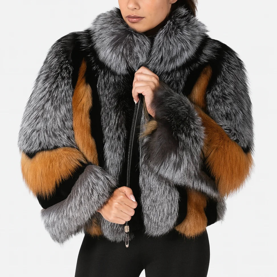 Women's Real Red Fox Fur Jacket With Silver Fox Collar Coat Thick Warm and Fashionable in Winter 23A0616