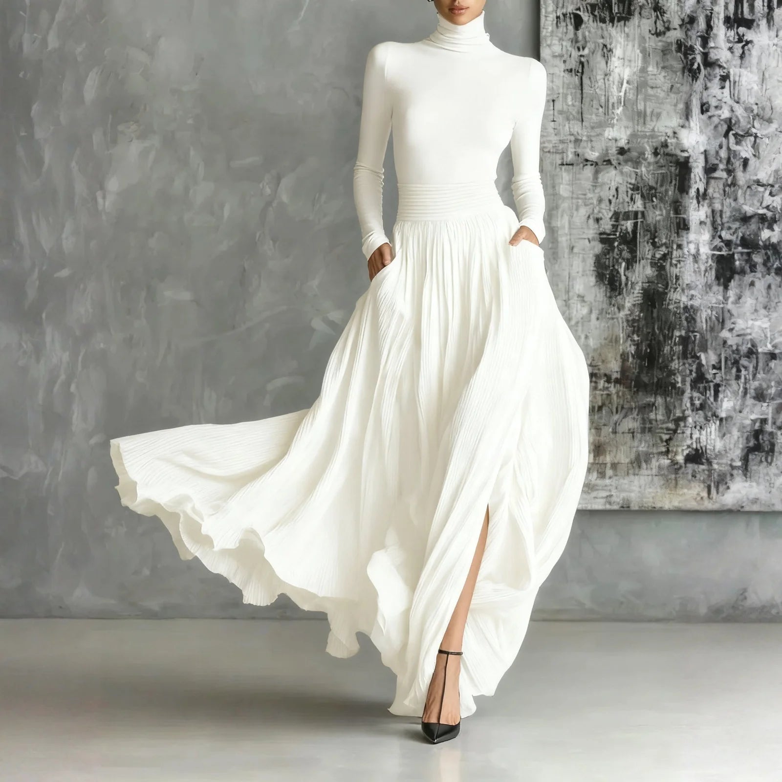 French Retro Elegant Light Luxury Slim-fit Dress for Women Turtleneck Long Sleeve Long Dresses Flowy Dress with a Large Skirt - Kimlud