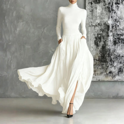 French Retro Elegant Light Luxury Slim-fit Dress for Women Turtleneck Long Sleeve Long Dresses Flowy Dress with a Large Skirt - Kimlud