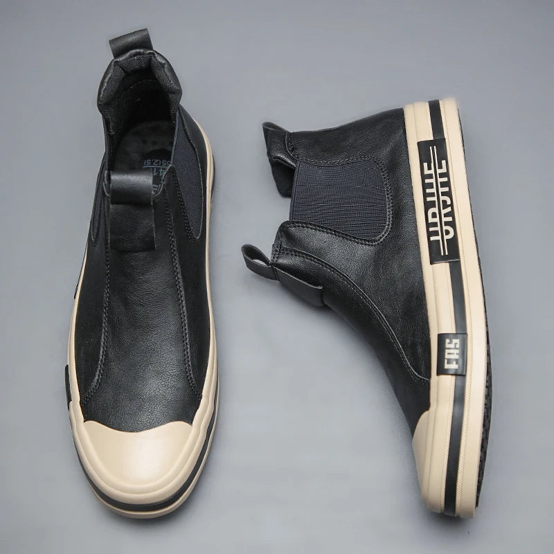 New Men's Leather Boots Korean Trend Comfortable Men Shoes British Fashion Mens High Top Sneakers New Moccasins Men 22811