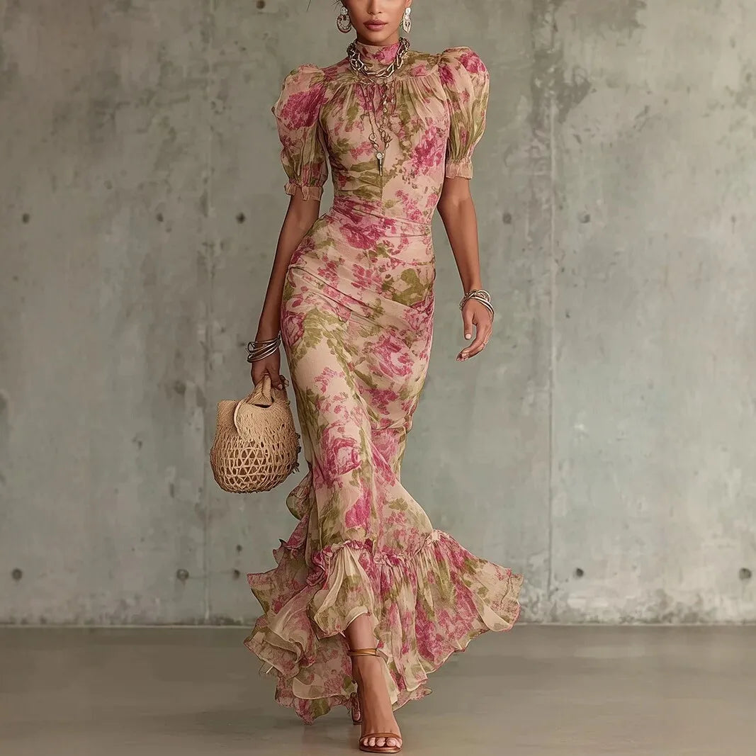 Sexy Bodycon Floral Long Dresses For Women Summer 2026 Fashion Short Sleeve O-neck Slim Maxi Dresses Elegant | Kimlud...