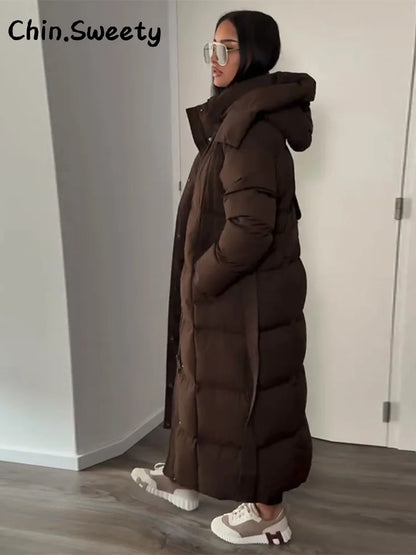 Warm Women's Puffy Quilted Hooded Long Cotton Coat Loose Solid Stand Collar Lace Up Zipper Overcoats 2025 Winter Lady Outwear