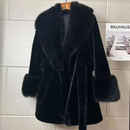 Coats Faux Fox Fur Women Thick Warm Long Coat Turn Down Collar Maxi Warm Jackets Thick Elegant Coat Belt Outerwear Autumn Winter