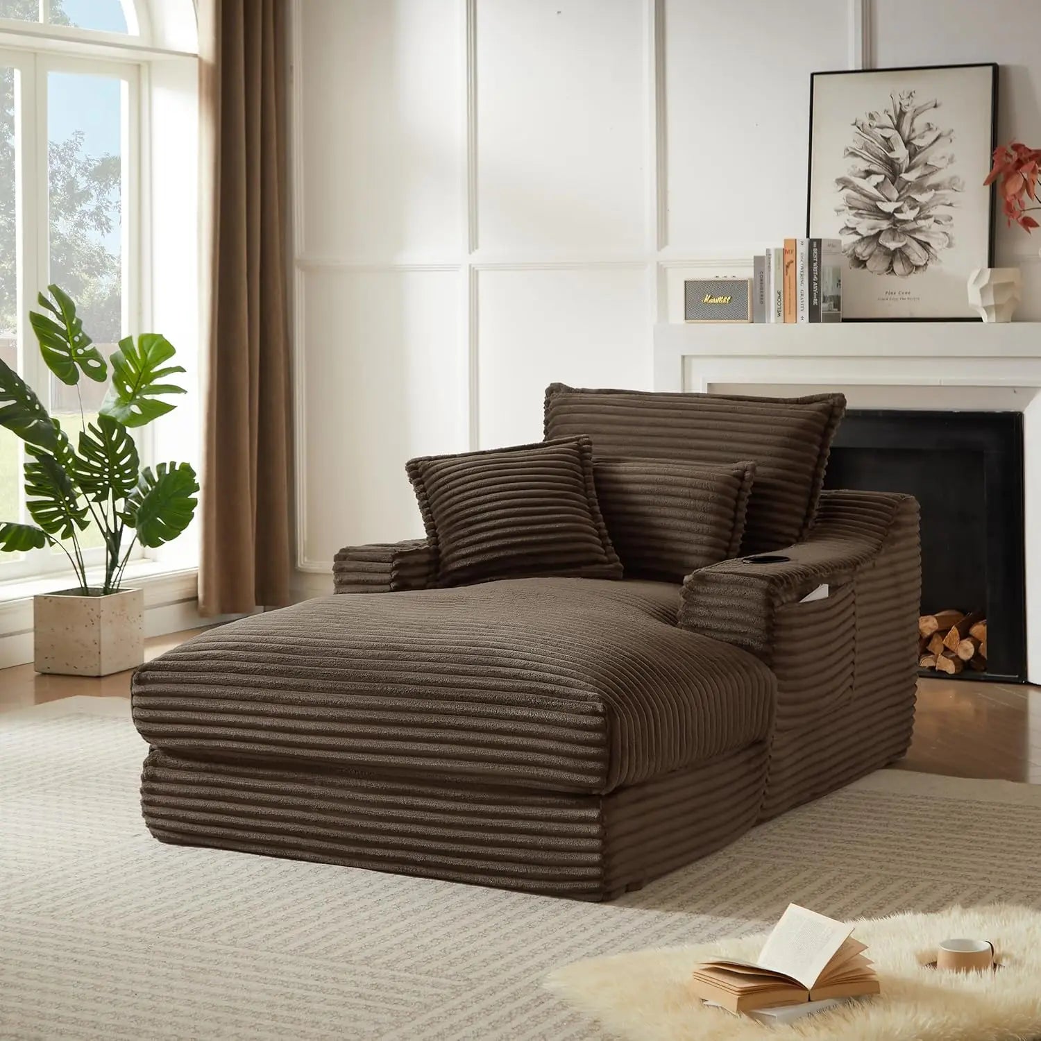 67" Oversize Chaise Lounge Deep Seat 2 Cup Holders Storage Pockets Living Room Bedroom Office Brown Customized - Kimlud