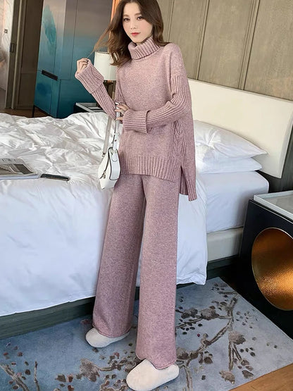 Sweater Set Warm suit for Women Winter Knitted Suits 2 Piece Set Soild Turtleneck Sweater + Loose Trousers Office Lady Suit