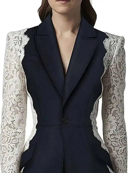 DEAT Fashion Women's Blazer New Fashion Notched Lace Patchwork Long Sleeve Contrast Suit Jackets Female Spring 2025 17A1298