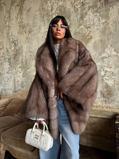 Women Elegant Fake Fur Coat Bell Sleeve Lapel Suede Surface Girdle Coats Unique Luxury Temperament 2025 New Winter High Street