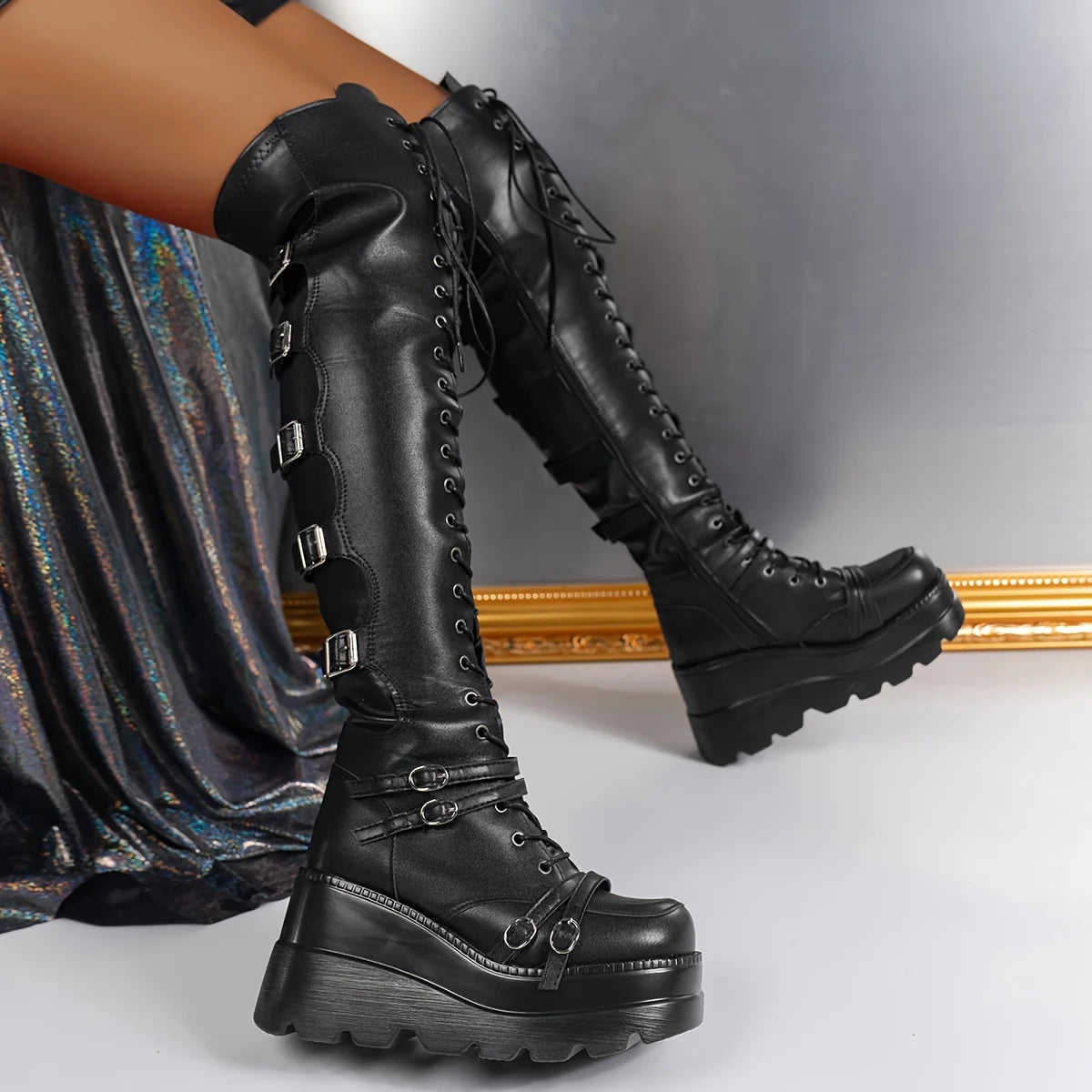 Women's Gothic Punk Thigh High Boots Fashion Side Zipper Lace-up Wedges High Heels Platform Coaplay Boots Woman