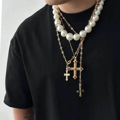 IngeSight.Z Exquisite Vintage Juses Cross Pendant Men Necklace Trend Classic Imitation Pearl Choker Women Punk Party Jewelry