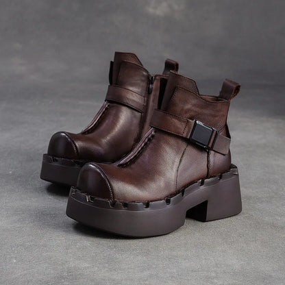 6.5cm Cow Natural Genuine Leather Autumn Flats Comfy Shoes Platform Wedge Elthnic Big Toe Women Ankle Booties Rubber Spring