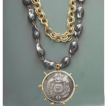 2025 chunky layer Jewelry Luxurious imitation grey pearl exaggerate coin charm pendant Clasps Carabiner Necklace...