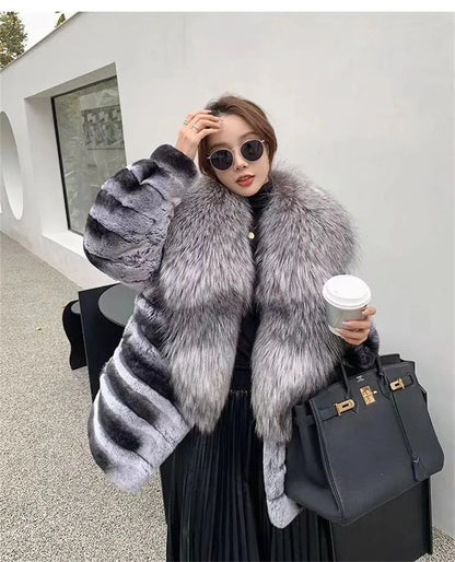 Natural Rex Rabbit Fur Coat for Women, Monochromatic Hood, Thickened and Warm, Large Fox Fur Collar, 100% Pure, New, Winter, 202