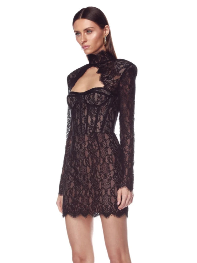Sexy Long Sleeve High Neck Cut Out Lace Mini Dress Women Elegant Black Backless Bodycon Dresses Celebrity Evening Party...
