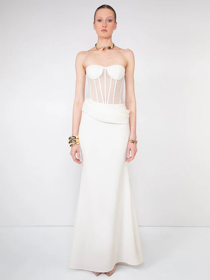 VC Elegant White Corset Simple Wedding Dress – Strapless Sheer Bodice Maxi Dress for Women Modern Minimalist Engagement Dress